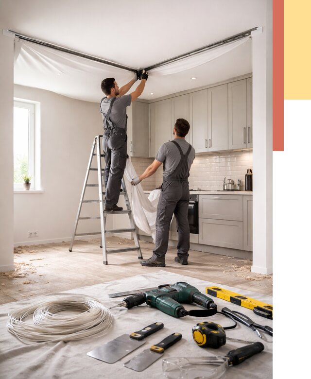 Установка натяжного потолка на кухне в Таганроге от 2443 руб. | ОТДЕЛОЧНИК-Тгн