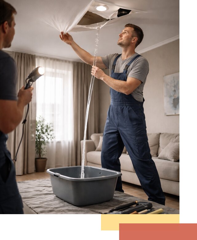 Слив воды с натяжного потолка в Таганроге быстро и аккуратно