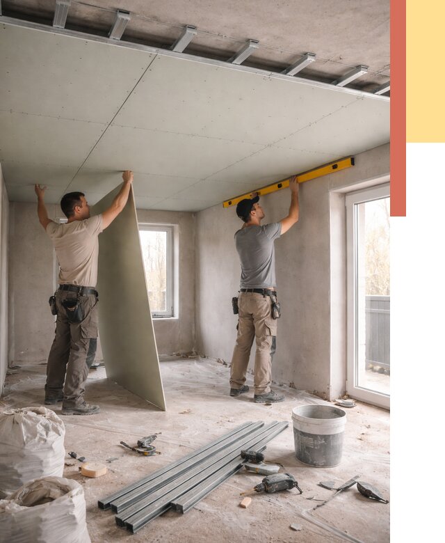 Одноуровневый потолок из гипсокартона в Таганроге от 764 руб. — монтаж под ключ | ОТДЕЛОЧНИК-Тгн